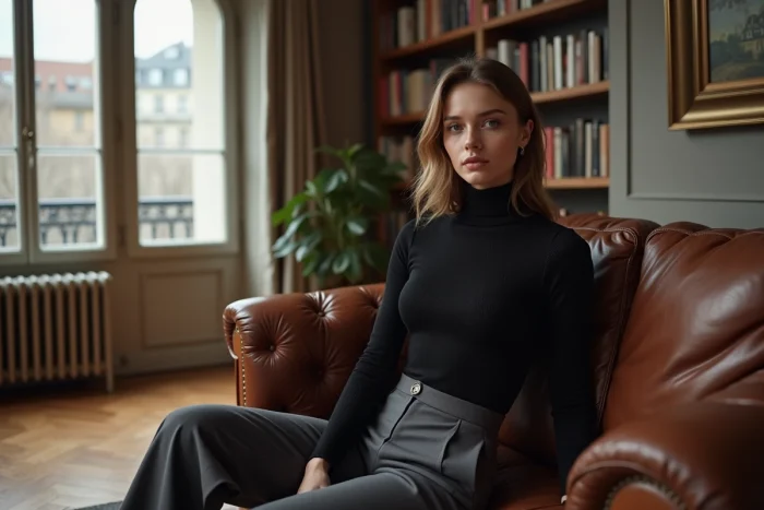 Jeune actrice et mannequin assise dans un appartement parisien élégant, ambiance éditoriale raffinée
