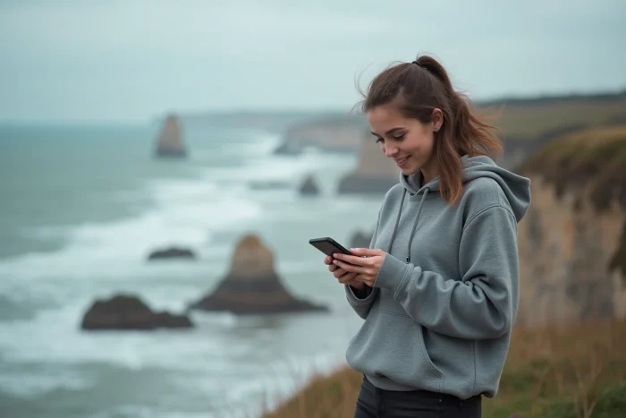 Jeune femme consultant l'actualité normande sur son smartphone face aux falaises de la côte normande