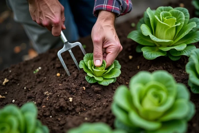 Mains de jardinier aérant la terre autour de plants de laitue romaine pour accélérer leur croissance