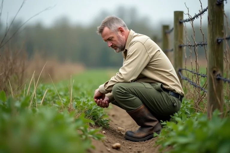 Agronome examinant des mauvaises herbes ligneuses envahissantes le long d'une clôture rurale pour choisir entre triclopyr et glyphosate