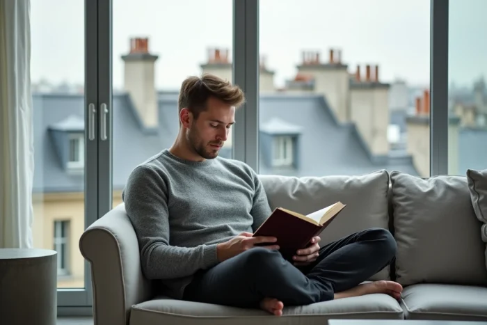 Homme détendu lisant dans un appartement calme au dernier étage avec vue sur les toits parisiens