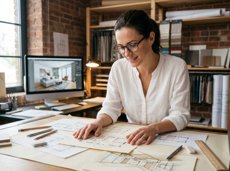 Architecte d'intérieur travaillant sur des esquisses à la main devant un écran affichant un modèle 3D