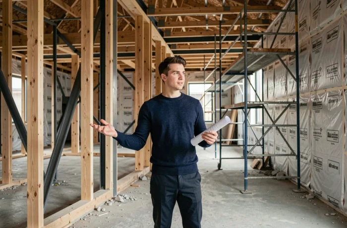 Jeune architecte tenant un permis de construire à l'intérieur d'un bâtiment innovant en bois lamellé-croisé en cours de construction