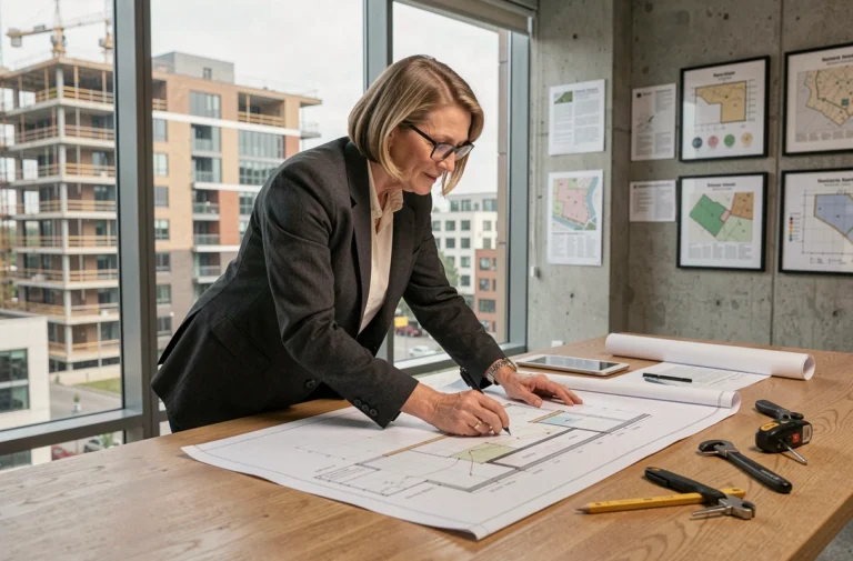 Architecte femme examinant des plans d'urbanisme dans un bureau de planification urbaine moderne avec vue sur la ville