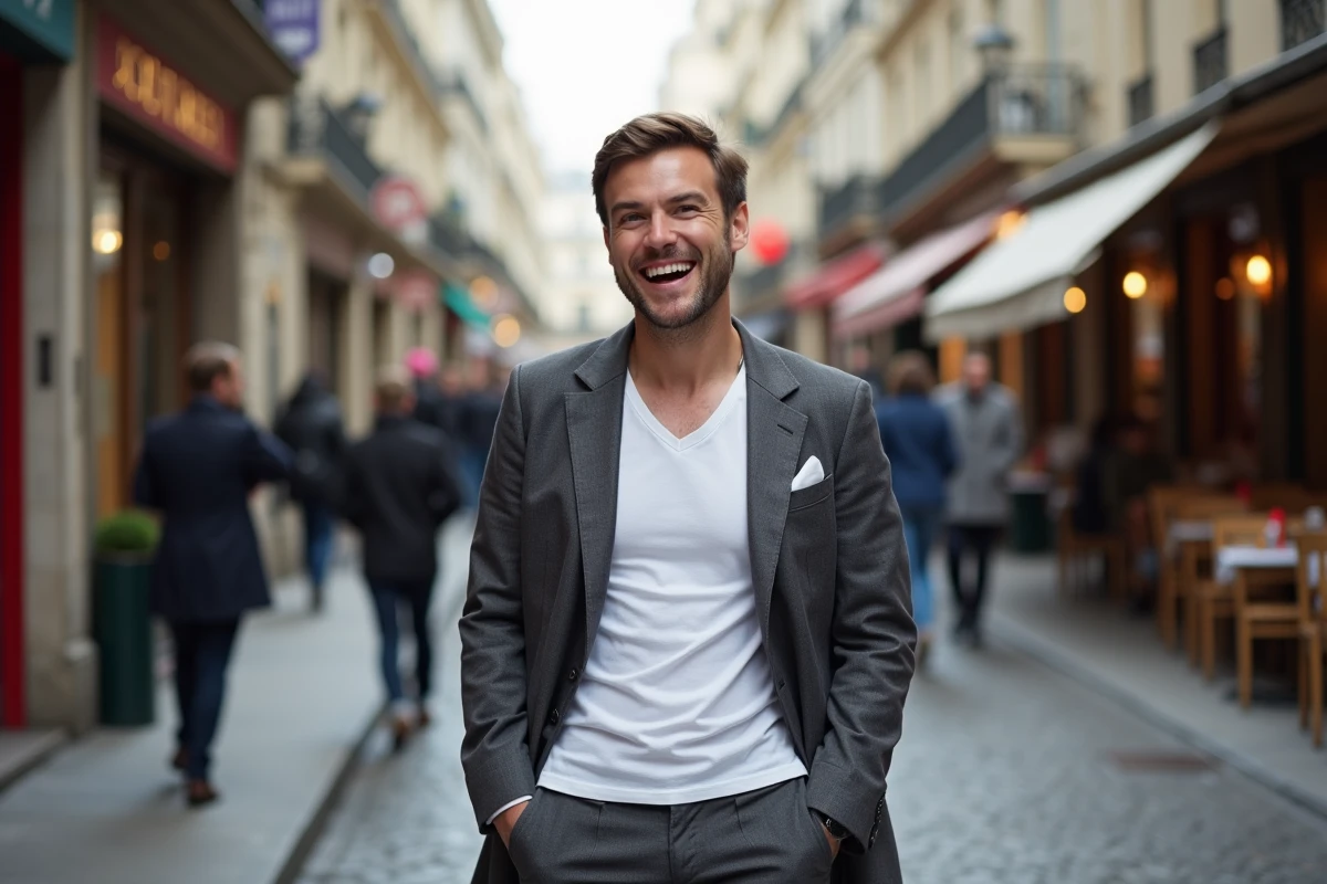 Artiste parisien marchant dans une rue pavée en riant