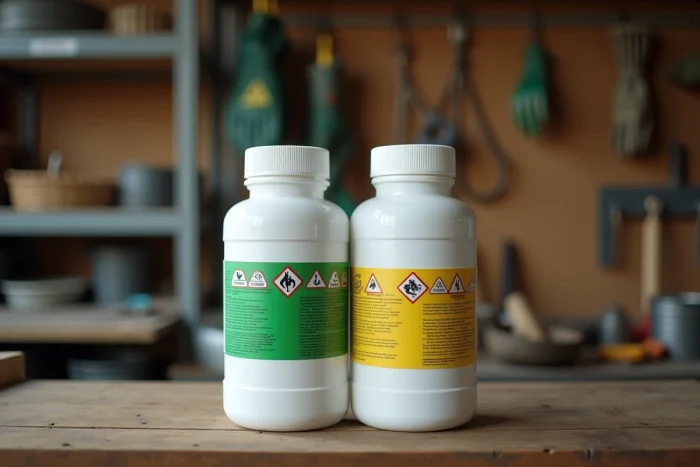 Deux bouteilles d'herbicide générique côte à côte sur un établi de grange agricole, comparaison triclopyr et glyphosate
