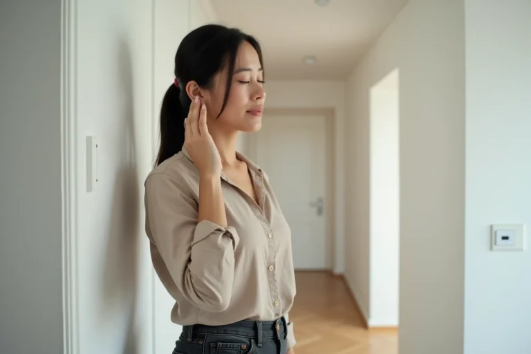 Femme écoutant le bruit à travers un mur dans un couloir d'immeuble pour choisir le bon étage
