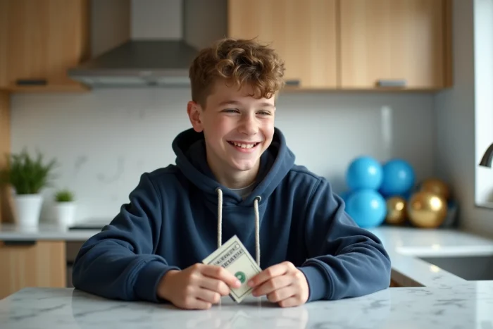 Adolescent découvrant de l'argent dans une carte d'anniversaire dans une cuisine moderne