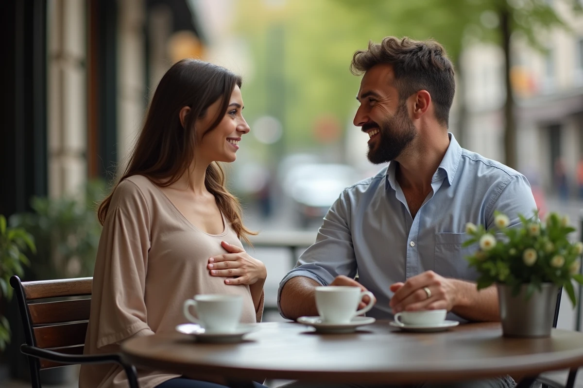 Homme et femme discutant dans un café en plein air