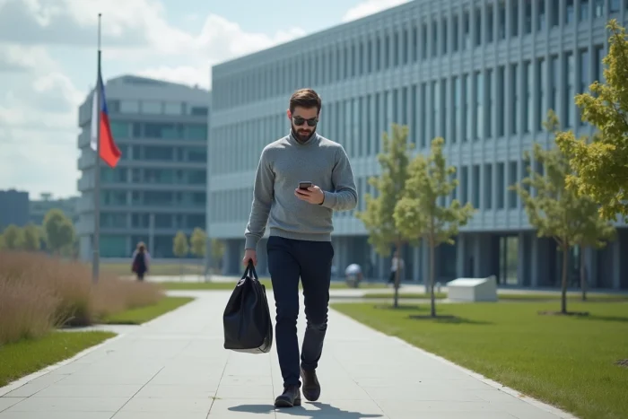 Professionnel marchant sur le campus extérieur de Paris-Saclay avec en arrière-plan un bâtiment de recherche et d'innovation moderne