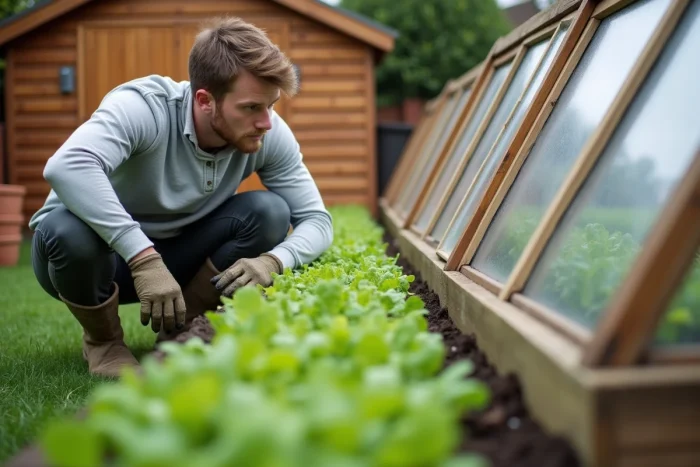 Jeune jardinier vérifiant la pousse de jeunes pousses de salade sous un châssis de forçage en bois dans un jardin résidentiel