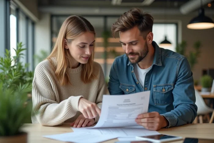 Deux collègues examinant ensemble un formulaire de demande d'aide au logement Action Logement dans un espace de travail moderne