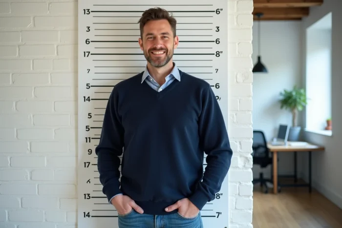 Comedien francais homme souriant debout devant un mur blanc