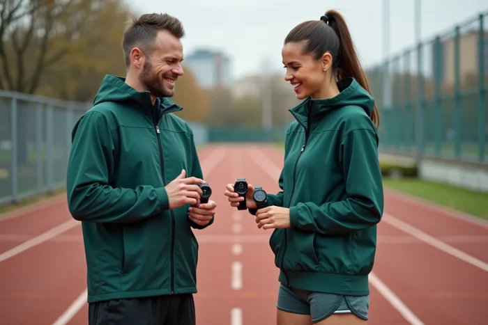 Deux sportifs comparant des montres connectées sur une piste d'athlétisme pour choisir le meilleur équipement sportif connecté
