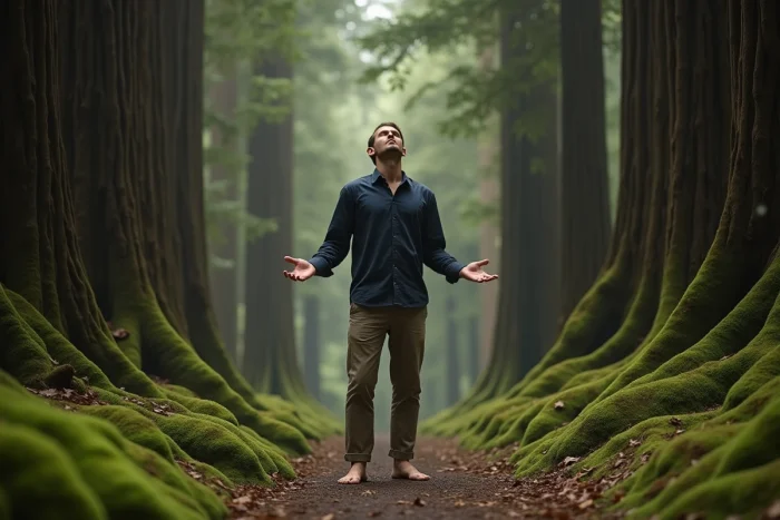 Homme debout en pleine forêt ancienne, bras ouverts en connexion avec la nature, illustrant le passage vers une conscience 5D et la transformation intérieure