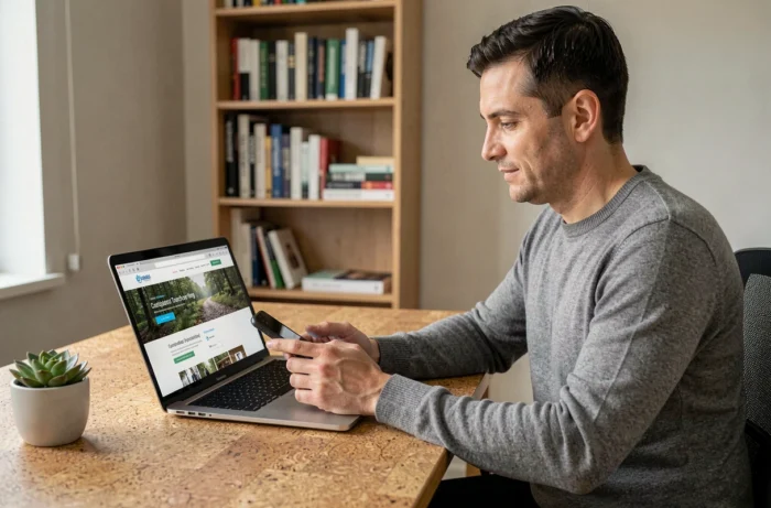Homme contactant une équipe d'experts en habitat écologique depuis son bureau à domicile via smartphone et ordinateur