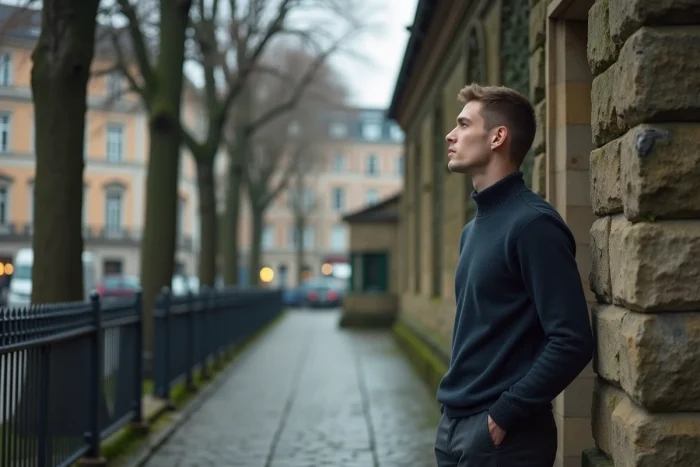 Jeune homme contemplant une chapelle historique en milieu urbain, évoquant la relation entre spiritualité individuelle et religion institutionnelle