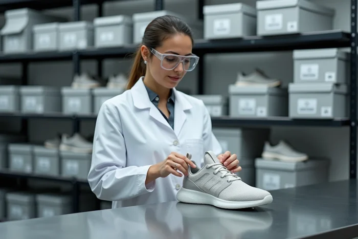 Inspectrice qualité examinant une paire de chaussures Skechers dans un laboratoire de contrôle