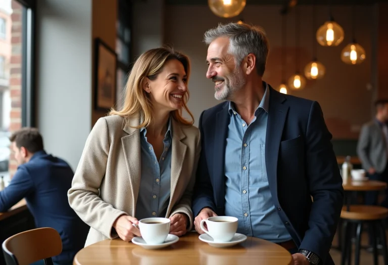 Couple en café urbain discutant autour de cafés
