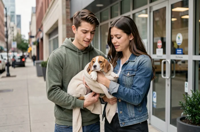 Jeune couple tenant un chiot beagle devant une clinique vétérinaire, symbolisant la protection offerte par une assurance animale