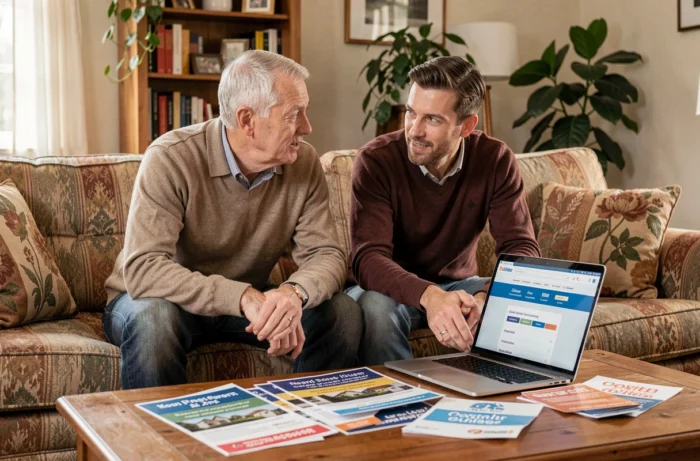 Un couple compare des offres de prêt personnel avec des brochures bancaires et un ordinateur portable sur la table basse du salon