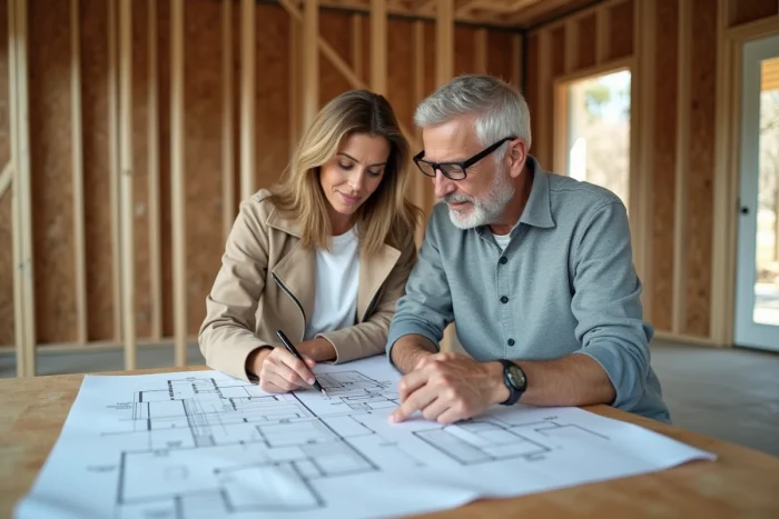 Couple consultant les plans et le prix au m2 d'une maison Natilia en cours de construction