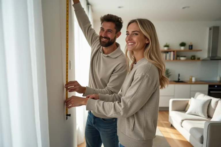 Jeune couple mesurant un mur dans un appartement moderne