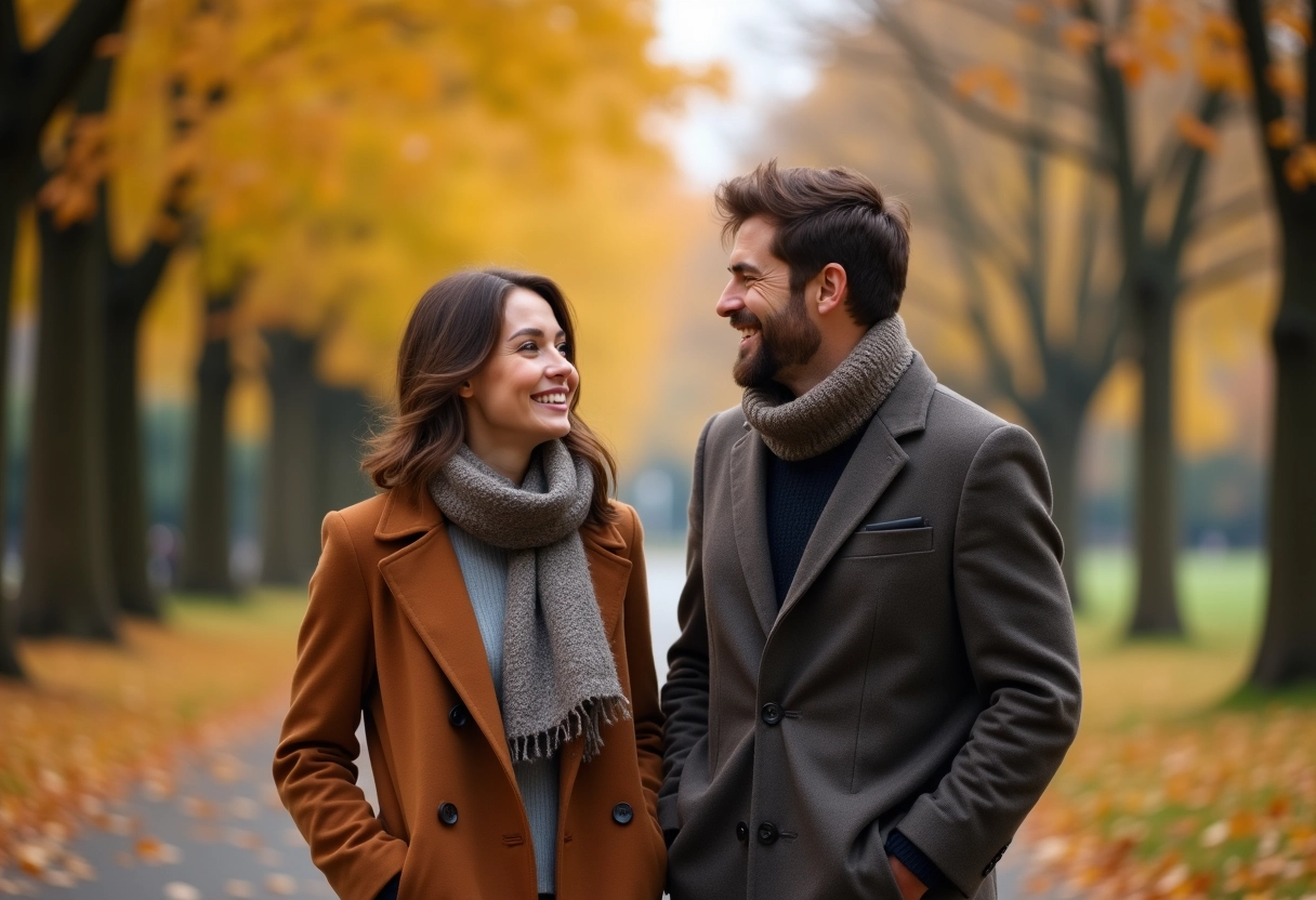 Couple souriant dans un parc en automne
