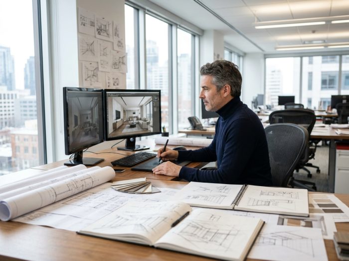 Designer d'intérieur utilisant une tablette graphique entouré de plans dessinés à la main et de rendus 3D sur écran