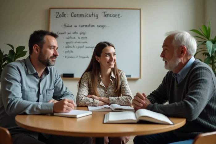 Groupe de personnes engagées dans un dialogue interreligieux autour d'une table, symbolisant les débats spirituels et religieux actuels