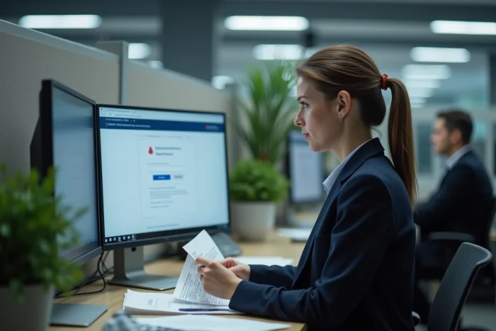 Employée civile du ministère des Armées consultant un message d'erreur de connexion sur le portail e-habillement depuis un poste de travail partagé