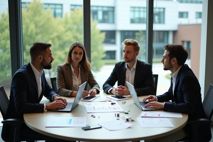 Groupe d'entrepreneurs et chercheurs collaborant autour d'une table dans un espace de co-working du parc technologique Paris-Saclay