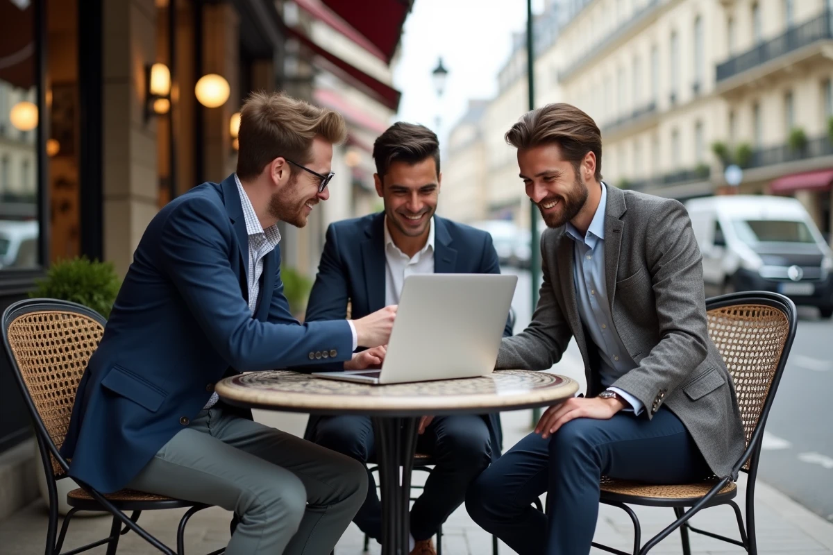 Groupe de trois professionnels discutant à un café parisien