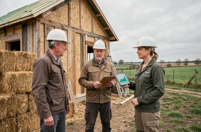 Équipe d'experts en construction écologique en discussion sur un chantier de maison en bois et paille
