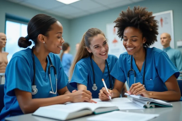 Étudiants en soins infirmiers révisant ensemble dans un laboratoire de simulation universitaire