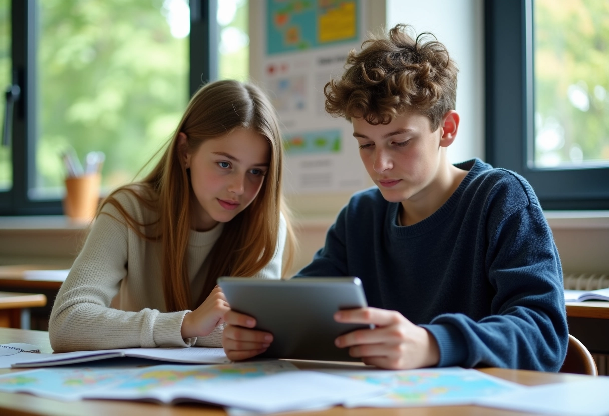 Deux lycéens planifiant un voyage avec cartes et tablette