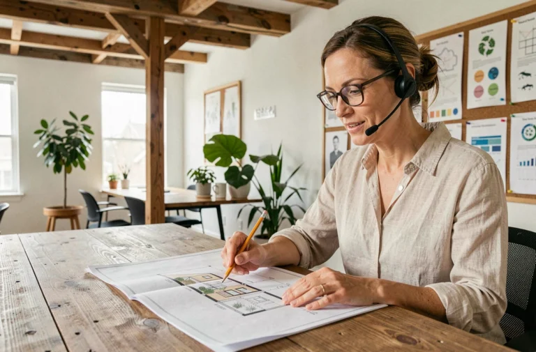 Experte en habitat écologique en consultation téléphonique au bureau, révisant des plans architecturaux durables