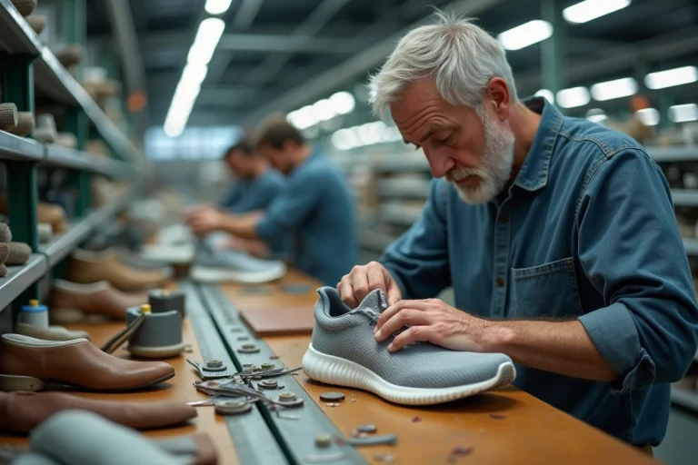 Artisan en train de coudre une chaussure Skechers dans une usine de fabrication moderne