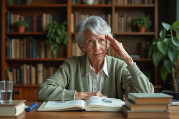 Femme âgée consultant un livre d'anatomie cérébrale, illustrant la trophicité cérébrale et le vieillissement cognitif