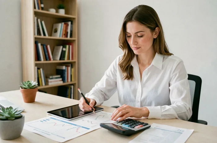 Une femme analyse et compare des offres de prêt personnel sur une tablette avec une calculatrice et une feuille de calcul annotée