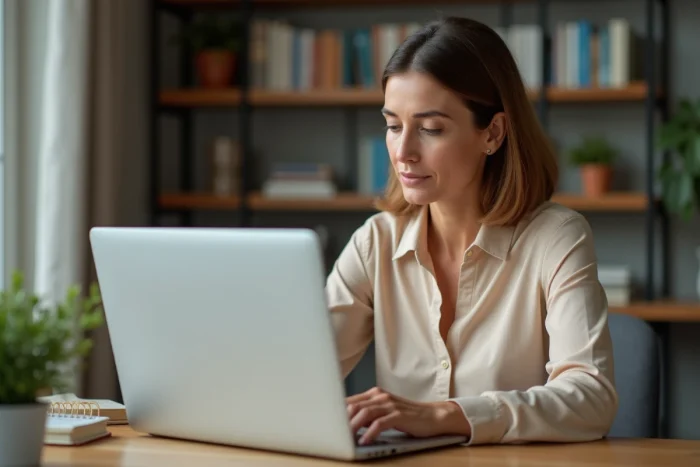 Femme analysant ses revenus et avis sur l'application Roamler depuis son bureau à domicile