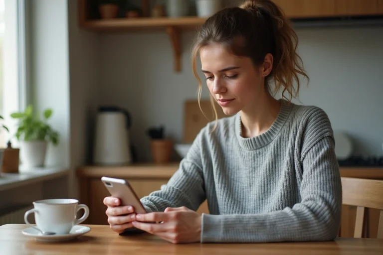 Femme utilisant l'application Roamler sur smartphone pour scanner un produit en magasin depuis chez elle