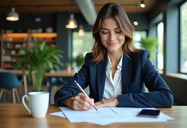 Femme confiante au bureau avec documents et plantes