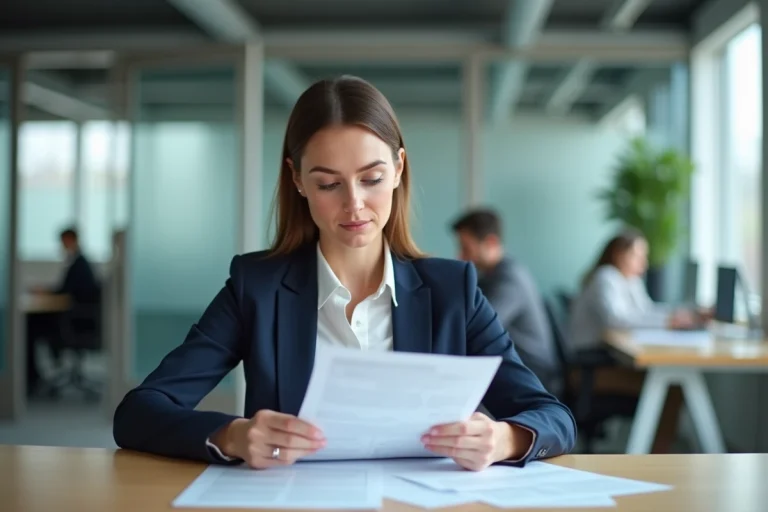 Femme en blazer naval consultant un document administratif lié au code entreprise Action Logement dans un bureau moderne