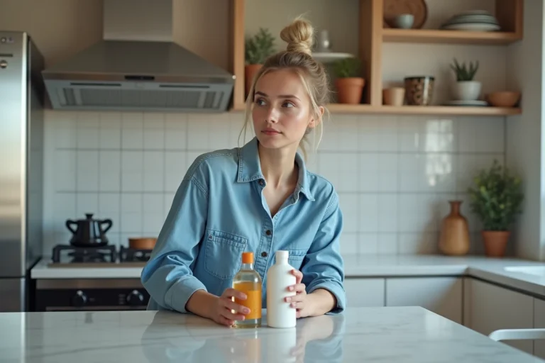 Jeune femme compare bouteilles d alcool dans la cuisine
