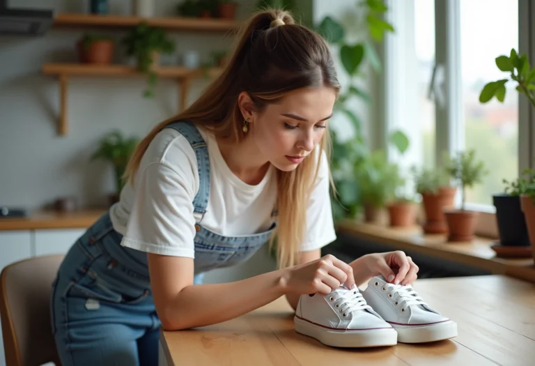Jeune femme compare deux sneakers dans sa cuisine lumineuse