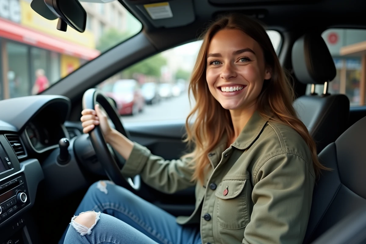 Femme souriante dans une voiture de location en ville