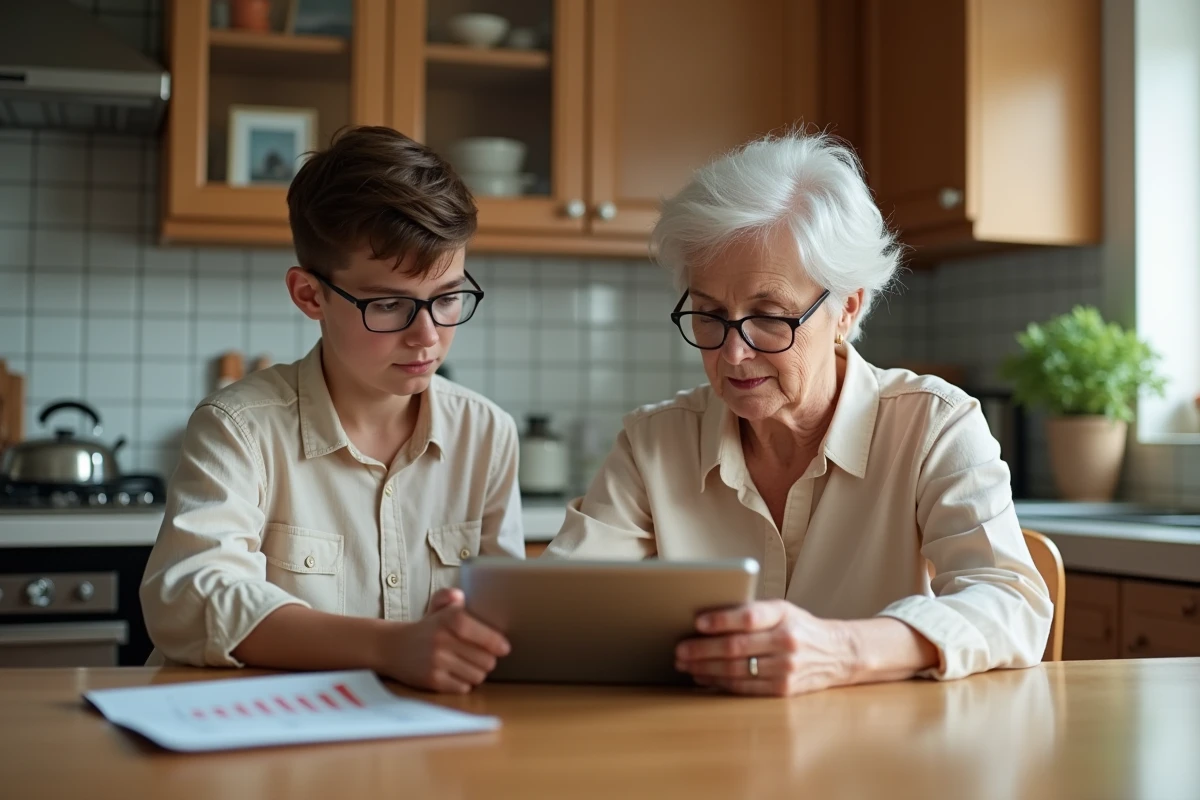 Femme et adolescent discutant finance sur tablette dans cuisine