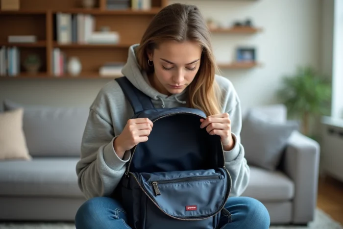 Jeune femme inspectant l'intérieur d'un sac Eastpak bleu marine dans un appartement moderne, en lien avec les conditions de la garantie à vie