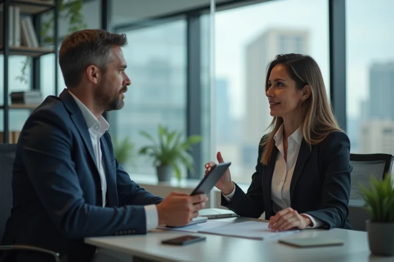 Femme d'affaires discutant avec un consultant informatique au bureau